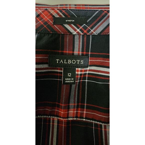 Talbots Jewel Button Front Red/Black Plaid Ruffle Front Long Sleeve Size 12 - Picture 8 of 9